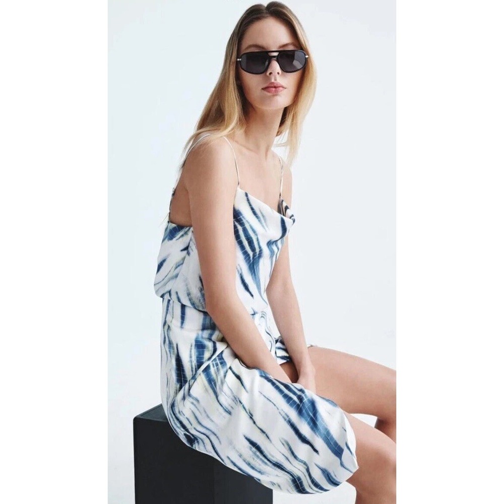 DKNY Cowl Neck White/Ink Blue and Yellow Sleeveless Dress Women's 10 NWT